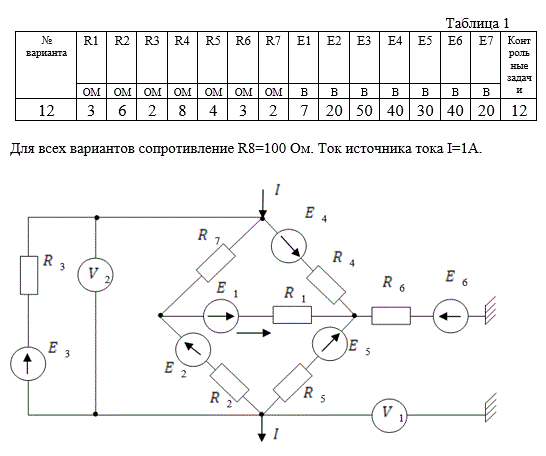 <b>Разветвленная цепь постоянного тока</b> <br /> 1.	Написать по законам Кирхгофа систему уравнений для определения токов в ветвях схемы (не решать). <br />2.	Определить токи в ветвях схемы методом контурных токов и узловых потенциалов. <br />3.	Составить баланс мощностей. <br />4.	Определить напряжения, измеряемые вольтметрами. <br />5.	Методом эквивалентного генератора определить ток во второй ветви (где E2 и R2 ). Числовые данные параметров схемы указаны в таблице 1.<br /> 6.	Создать модель заданной цепи в системе схемотехнического моделирования Work-Bench. Полученные результаты сравнить с расчетными и записать в таблице 2.<br /> <b>Вариант 12</b>