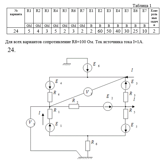 <b>Разветвленная цепь постоянного тока</b> <br /> 1.	Написать по законам Кирхгофа систему уравнений для определения токов в ветвях схемы (не решать). <br />2.	Определить токи в ветвях схемы методом контурных токов и узловых потенциалов. <br />3.	Составить баланс мощностей. <br />4.	Определить напряжения, измеряемые вольтметрами. <br />5.	Методом эквивалентного генератора определить ток во второй ветви (где E2 и R2 ). Числовые данные параметров схемы указаны в таблице 1.<br /> 6.	Создать модель заданной цепи в системе схемотехнического моделирования Work-Bench. Полученные результаты сравнить с расчетными и записать в таблице 2.<br /> <b>Вариант 24</b>