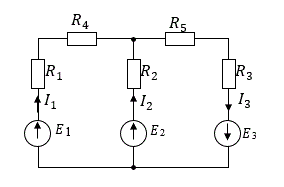 Задача 7<br />Метод контурных токов.<br />    Определить токи ветвей <br />E1=20 В; E2=5 В; E3=35 В; R1=10 Ом; R2=R3=5 Ом; R4=15 Ом; R5= 5 Ом.