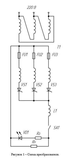 Разработка выпрямителя с фильтром (курсовая работа)<br />Трехфазный вентильный преобразователь на тиристорах по схеме с нулевым выводом с L фильтром работает в режиме выпрямления и питается от сети.  <br /><b>Исходные параметры:</b> <br />1 Первичные обмотки трансформатора включены по схеме треугольник, UC=  . <br />2 Величина напряжения на нагрузке UH=100 B при UCmin. <br />3 Сопротивление нагрузки RH=10 Ом. <br />4 Коэффициент пульсации нагрузки q=1 %. <br />5 Индуктивность рассеяния трансформатора Lа=2 мГн. <br />6 Падение напряжения на открытом тиристоре ΔU=4 В. <br />7 Светодиодный индикатор включения преобразователя. Максимально допустимый ток фотодиода 10 мА.