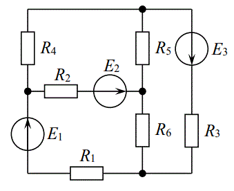 Для заданной электрической цепи (рис. 1–3), в которой R5 = 75 Ом, R6 = 100 Ом, а остальные параметры указаны в табл. 1, требуется рассчитать:  <br />• все токи и напряжения методом контурных токов;  <br />• все токи и напряжения методом узловых напряжений;  <br />• ток через сопротивление R6 методом эквивалентного источника. <br /><b>Вариант 18 Схема 3</b>   <br />Дано: E1 = 5 В, Е2 = 13 В, Е3 = 2 В, R1 = 120 Ом, R2 = 180 Ом, R3 = 51 Ом, R4 = 91 Ом