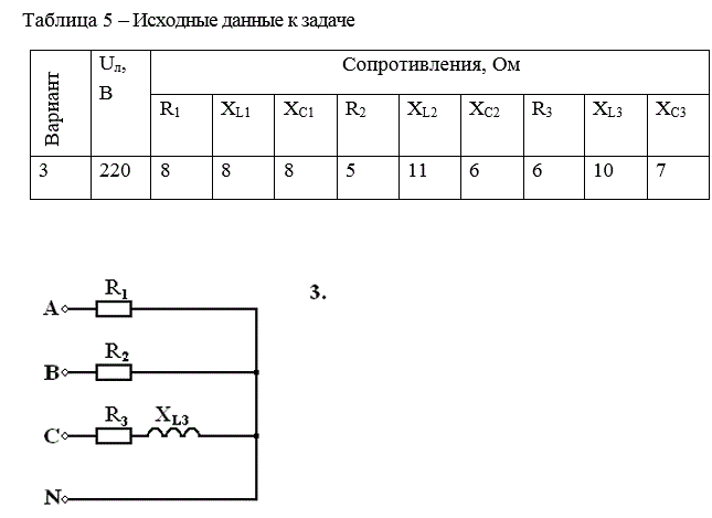 <b>Задача 4</b>. К трехфазному источнику с линейным напряжением Uл включена цепь, изображенная на рисунке 5. Значения линейного напряжения Uл, активных R, индуктивных XL и емкостных XC сопротивлений приемников приведены в таблице 5. <br />Необходимо: <br />1) Определить токи в линейных и нейтральном проводах, а также активную, реактивную мощности отдельных фаз и всей цепи. Построить векторную диаграмму. <br />2) Те же элементы включить треугольником и определить фазные и линейные токи, построить топографическую диаграмму напряжений и на ней показать векторы токов.<br /><b> Вариант 3</b>