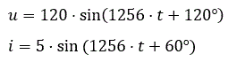 В цепи синусоидального переменного тока напряжение и ток изменяются по законам: <br />u=120·sin⁡(1256·t+120°) <br />i=5·sin⁡(1256·t+60°) <br />Определить активную мощность цепи.