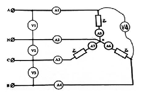 В приведенной трехфазной цепи линейное напряжение 380 В, сопротивления фаз нагрузки  Za = 22e<sup>j0</sup> Ом, Zb = 22e<sup>j90°</sup>  Ом, Zc = 22e<sup>-j90° </sup> Ом. Рассчитайте комплекс тока в нулевом проводе.