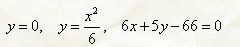 Найти объем тела, полученного при вращении вокруг оси ОХ фигуры, ограниченной линиями <br /> y = 0, y = x<sup>2</sup>/6, 6x + 5y - 66 = 0
