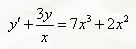 Найти общий интеграл дифференциального уравнения <br /> y' + (3y/x) = 7x<sup>3</sup> + 2x<sup>2</sup>