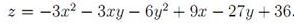 Найти координаты критической точки и  экстремальное значение функции <br /> z = -3x<sup>2</sup> - 3xy - 6y<sup>2</sup> + 9x - 27y + 36
