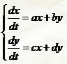 Решить задачу Коши для системы уравнений с начальными условиями x(0) = x<sub>0</sub>, y(0) = y<sub>0 </sub> двумя способами: методом исключения неизвестных и операторным методом a = 5, b = 2, c = -3, d = -2, x<sub>0</sub> = 1, y<sub>0</sub> = 1