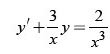 Найти решение задачи Коши для дифференциального уравнения <br /> y' + (3/x)x = 2/x<sup>3</sup>, y(1) = 1