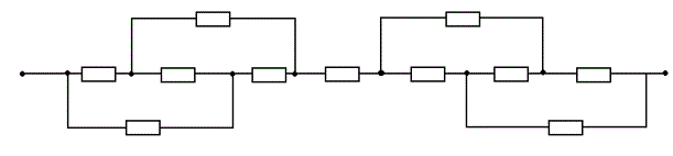 Найдите полное сопротивление цепи, состоящей из одинаковых резисторов, величина сопротивления одного резистора равна R