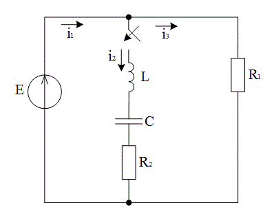 Для заданной схемы найти закон изменения токов во всех ветвях цепи и напряжений на реактивных элементах после коммутации.  В качестве коммутации подразумевается замыкание или размыкание ключа.  Решение осуществить операторным методом и построить графики найденных токов и напряжений.<br />Дано: Е = 72 В, R1 = 4 Ом, R2 = 20 Ом, L = 0.05 Гн, С = 30 мкФ