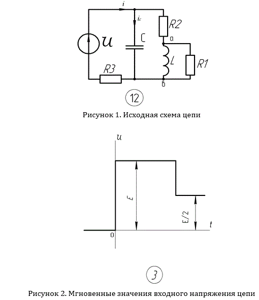1. Подобрать такое значение сопротивление переменного резистора, которое обеспечивает заданный тип переходного процесса. <br />2.  Рассчитать классическим методом переходной процесс для  указанной электрической величины в предположении, что входное напряжение действует   сек. Величина    и вид входного напряжения u(t) задается преподавателем . <br />3. Рассчитать тот же переходной процесс операторным методом, пользуясь найденными в п.2 начальными условиями .<br />4.  Построить график изменения искомой величины в интервале от t = 0 до t = 3T<sub>0</sub>  ( T<sub>0</sub>  - период собственных колебаний) в случае колебательного процесса и от t = 0 до t = 4τ  в случае апериодических процессов.<br /><b> Вариант 55</b><br />Дано <br />Номер рисунка: 12 <br />R1=10 Ом; <br />R2=20 Ом; <br />Тип процесса: А (апериодический); <br />Найти i<sub>R (t)</sub>-?