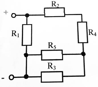 Напряжение, приложенное к цепи, U = 75 В. <br />Резисторы в цепи имеют сопротивление R1 = 12 Ом, R2 = 5 Ом, R3 = 9 Ом, R4 = 3 Ом, R5 = 8 Ом. <br />Определить: Эквивалентное сопротивление цепи, величину тока всей цепи и на каждом резисторе. Указать направление токов в резисторах. Проверить баланс мощностей.