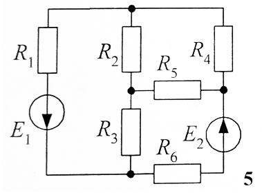 Для заданной электрической цепи выполнить следующее: <br />- начертить схему электрической цепи; <br />- составить систему уравнений для расчета методом уравнения Кирхгофа (не рассчитывая); <br />- определить токи в ветвях электрической цепи методом контурных токов; <br />- проверить расчет уравнением баланса мощностей и оценить его точность; <br />- рассчитать схему методом узловых потенциалов, сравнить результаты с предыдущими расчетами, сделать выводы: <br /><b>Вариант 5</b>   <br />Дано: R1 = R3 = 30 Ом, R2 = R4 = 25 Ом, R5 = R6 = 20 Ом Е1 = 10 В, Е2 = 15 В