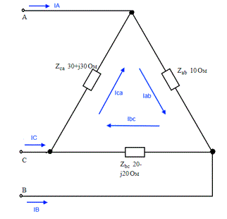 Найти токи и напряжения, построить векторную диаграмму.<br />Дано: <br />Uф=100 В <br />Zab=10 Ом <br />Zbc=20-j20 Ом <br />Zca=30+j30 Ом