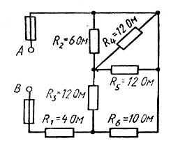 <b>Задача 1.</b> Цепь постоянного тока содержит шесть резисторов, соединенных смешанно. Значения резисторов указаны на рисунке. <br />Дано: U<sub>AB</sub> = 80 В <br />Определить: <br />1)	Эквивалентно сопротивление цепи относительно ввода AB <br />2)	Ток в каждом резисторе <br />3)	Напряжение на каждом резисторе <br />4)	Расход электрической энергии цепью за 10 часов.