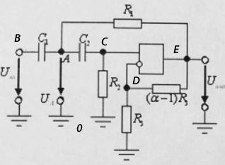 Коэффициент передачи любого фильтра 2-го порядка в общем случае записывается в виде: <br />K(ω)=(d0+d1(jω)+d2(jω)<sup>2</sup>)/(c0+c1(jω)+c2(jω)<sup>2</sup>)                (1) <br />Найти выражение для комплексного коэффициента передачи K(ω) фильтра, представленного на схеме. Операционный усилитель считать идеальным. <br />Привести полученное выражение к стандартному виду (1). Для ФВЧ должно получиться d0 = d1 = 0. <br />Найти выражение для вещественного коэффициента передачи |K(ω)| и определить частоту среза фильтра ωср из условия |K(ωср)| = K0/√2, где K0 = |K(ω)| при ω→∞ <br />Построить АЧХ <br />Дано: R1=4,2 кОм; R2=6,6 кОм; R3=38 кОм; C1=10 пФ; C2=15 пФ; α=2,5