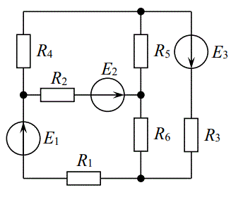 Для заданной электрической цепи (рис. 1–3), в которой R5 = 75 Ом, R6 = 100 Ом, а остальные параметры указаны в табл. 1, требуется рассчитать:  <br />• все токи и напряжения методом контурных токов;  <br />• все токи и напряжения методом узловых напряжений;  <br />• ток через сопротивление R6 методом эквивалентного источника. <br /><b>Вариант 3 Схема 3</b>   <br />Дано: E1 = 2 В, Е2 = 10 В, Е3 = 3 В, R1 = 30 Ом, R2 = 180 Ом, R3 = 43 Ом, R4 = 56 Ом