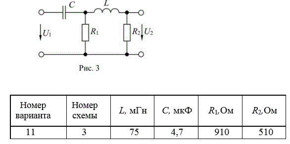 Частотные характеристики электрических цепей  <br /> Для заданной электрической цепи (рис. 1–4), параметры которой указаны в таблице, требуется:<br /> – получить аналитические выражения для комплексного коэффициента передачи по напряжению KU(jω) = U2/U1, амплитудно-частотной и фазочастотной характеристик;<br /> – найти в общем виде частоту ω0, на которой входные и выходные колебания будут синфазны, и коэффициент передачи по напряжению на этой частоте KU(ω0). По полученным формулам рассчитать численные значения ω0 и KU(ω0);<br /> – построить графики амплитудно-частотной, фазочастотной и амплитудно-фазовой характеристик. На всех графиках нанести точку, в которой входные и выходные колебания будут синфазны.<br /> <b>Вариант 11</b>