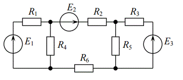 Для заданной электрической цепи (рис. 1–3), в которой R5 = 75 Ом, R6 = 100 Ом, а остальные параметры указаны в табл. 1, требуется рассчитать:  <br />• все токи и напряжения методом контурных токов;  <br />• все токи и напряжения методом узловых напряжений;  <br />• ток через сопротивление R6 методом эквивалентного источника. <br /><b>Вариант 16 Схема 1</b>   <br />Дано: E1 = 14 В, Е2 = 16 В, Е3 = 10 В, R1 = 10 Ом, R2 = 120 Ом, R3 = 240 Ом, R4 = 200 Ом