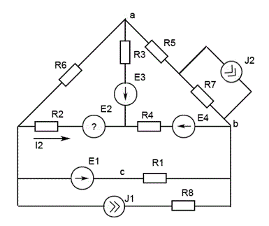 Для сложной цепи постоянного тока требуется:<br /> 1.	Определить неизвестные токи и ЭДС во всех ветвях методом контурных токов и методом узловых потенциалов. <br />2.	Составить необходимое число уравнений по законам Кирхгофа,  проверив их выполнение по результатам расчета из п.1 <br />3.	Составить баланс мощностей. <br />4.	Определить напряжения Uab и Ubc <br />5.	Методом эквивалентного генератора определить ток I1 для ветви, содержащей R1. Определить величину ЭДС, дополнительное включение которой в данную ветвь приведет к изменению направления тока I1. <br />6.	По результатам расчета п. 5 определить значение сопротивления в первой ветви, при котором в нем выделялась бы максимальная мощность Pmax. Определить величину Pmax <br />7.	Определить входную проводимость первой ветви и взаимную проводимость между первой и второй ветвями. <br />8.	Построить потенциальную диаграмму для внешнего контура.<br /> Вариант 18 группа 1
