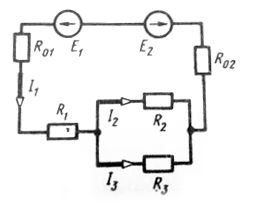 Определить токи I<sub>1</sub> – I<sub>3</sub> в электрической цепи постоянного тока и составить баланс мощностей, если сопротивления резисторов: R<sub>1</sub> = 6, R<sub>2</sub> = R<sub>4</sub> = 4 Ом. ЭДС источников питания:  E<sub>1</sub> = 22 В, E<sub>2</sub> = 2 B, внутренние сопротивления источников: R<sub>01</sub> = R<sub>02</sub> = 1 Ом.