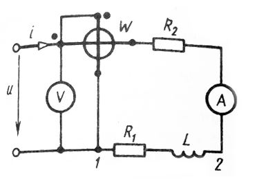 Приборы, включенные в электрическую цепь переменного тока, показывают: ток I = 5 А, напряжение U = 120 В, мощность Р = 512 Вт. Определить величину сопротивлений R<sub>1</sub> и Х<sub>L</sub>, найти падение напряжения ∆U<sub>12</sub> и сдвиг фаз φ между током и напряжением на участке 1- 2  цепи, если R<sub>2</sub> = 11 Ом. Построить векторную диаграмму напряжений. 