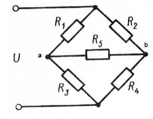 В схеме моста, изображенной на рис., найти токи, протекающие через резисторы R1-R5, дли случаев: a) R5 =0; 6) R5 =5 Ом. <br /><b>Вариант 7.</b>  <br />U = 3 В, R1 = 1 Ом, R2 = 2 Ом, R3 = 2 Ом, R4 = 1 Ом