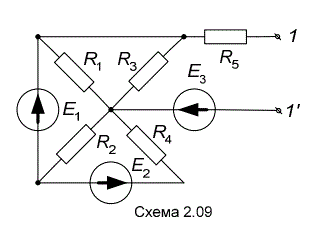 Для заданной в соответствии с номером варианта схемы сложной электрической цепи с несколькими источниками постоянного напряжения и известным из таблицы 2 параметрами элементов цепи:  <br />- рассчитать токи всех ветвей и напряжения на всех резисторах, составив и решив уравнения Кирхгофа,  <br />- проверить правильность полученных результатов по выполнению баланса мощности,  <br />- начертить схему замещения двухполюсника относительно выделенных зажимов 1-1’ и вычислить ее параметры,  <br />- определить сопротивление нагрузки Rн, при подключении которой к двухполюснику в ней выделиться максимальная мощность Pнmax, <br /> - рассчитать Pнmax. <br /><b>Вариант 39</b> <br />Дано: Схема 2.09 <br />R1 = 4 Ом, R2 = 8 Ом, R3 = 9 Ом, R4 = 6 Ом, R5 = 5 Ом <br />Е1 = 80 В, Е2 = 30 В, Е3 = 0