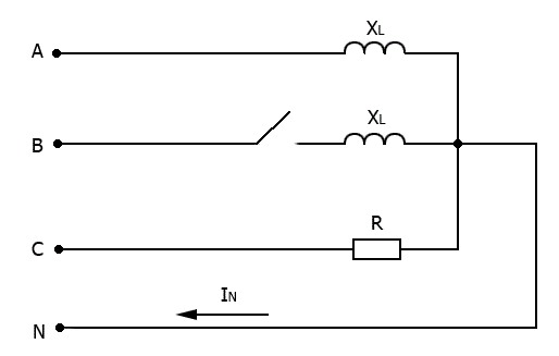 Определить ток I<sub>N</sub>, если R = X<sub>L</sub> = 100, Uл = 380 B, а фаза В разомкнута.<br />Построить векторную диаграмму
