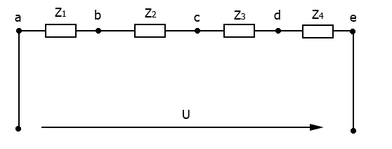 Дана электрическая цепь, изображенная на рисунке. Составить схему замещения, определить ток в цепи и построить векторную диаграмму по току и напряжению U<sub>bc</sub> при условии: Z<sub>1</sub> = 8 – j3, Z<sub>2</sub> = 12; Z<sub>3</sub> = -j5; Z<sub>4</sub> = 2-j2; U<sub>ac</sub> = 171sin(314t + 60°)