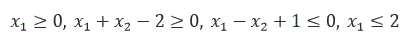 Найти область решений системы неравенств <br /> x<sub>1</sub> ≥ 0, x<sub>1</sub> + x<sub>2</sub> - 2 ≥ 0, x<sub>1</sub> - x<sub>2</sub> + 1 ≤ 0, x<sub>1</sub> ≤ 0