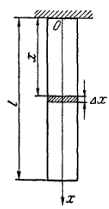 Согласно закону Гука, удлинения Δl стержня длиной l постоянного сечения F под действием растягивающей нормальной силы Р определяется формулой Δl = Pl/(EF), где Е - модуль упругости материала, из которого сделан стержень. Определить удлинение свободно подвешенного цилиндрического стержня длиной l см и поперечного сечения F см<sup>2</sup> под действием его собственного веса. Удельный вес материала стержня γ г/см<sup>3</sup>. 