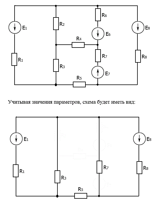 Для электрической схемы определить наиболее рациональным методом токи в ветвях, напряжения на каждом элементе, мощность элементов и приемника в целом, мощность источников и режимы их работы, ток в одной из ветвей, пользуясь методом эквивалентного генератора. <br /><b>Дано:</b>  Е1 = 30 В; Е6 = 0; Е7 = 0; Е8 = 15 В;  <br />R1 = 1,2 Ом; R2 = 0; R3 = 1.6; R4 = ∞; <br />R5 = 2,0 Ом; R6 = 0; R7 = 1,0 Ом; R8 = 1,8 Ом.