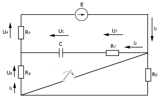 В электрической цепи после коммутации ключа S происходит переходной процесс. <br />Параметры схемы цепи заданы в таблице <br />Определить аналитическое выражение и построить графически переходные процессы тока и напряжения на реактивном элементе, считая, что коммутация происходить при t=0 <br />Расчет переходных процессов произвести двумя способами: <br />а) Классическим методом <br />б) Операторным методом.<br /><b>Дано:</b> Е = 184 В, R0 = 51 Ом, R4 = 64 Ом, R7 = 58 Ом, R8 = 71 Ом С = 32 мкФ