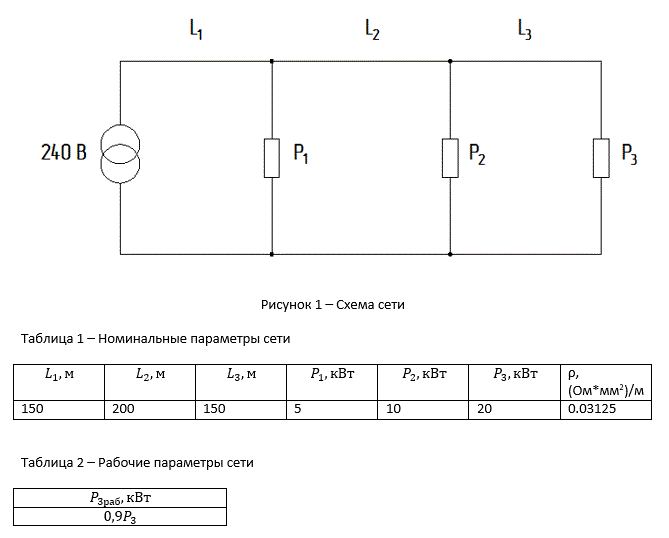 Найти: <br />1) Сечение провода F однофазной сети; <br />2) Выполнить проверку результатов моделирования в программе Electronics Workbench.<br /> Вариант 8