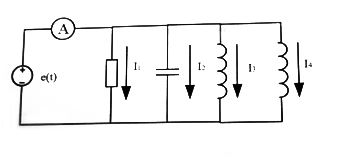 Определить показания амперметра, если действующие значения токов в ветвях I<sub>1</sub> = 8 А, I<sub>2</sub> = 6 А, I<sub>3</sub> = 10 А, I<sub>4</sub> = 3 А. Построить векторную диаграмму. 