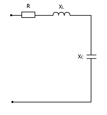 Определить полную мощность и коэффициент мощности цепи, если R = 10 Ом, X<sub>C</sub> = 20 Ом, X<sub>L</sub> = 40 Ом. Напряжение на входе цепи составляет 100 В