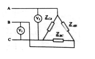 На рисунке приведена схема трехфазной цепи. Вольтметр V<sub>1</sub> и V<sub>2</sub> показывают напряжение 220 В. Напряжение на сопротивлении Z<sub>AB</sub> будет равно U<sub>AB</sub>  =  ___ В