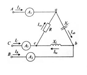 В трехфазной сети с системой линейных напряжений Uл = 380 B подключена трехфазная нагрузка с сопротивлениями R = X<sub>L</sub> = X<sub>C</sub> = 38 Ом. Определите показания амперметров. 