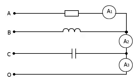 К четырехполюсной линии подключены три приемника с одинаковым сопротивлением. Показания первого амперметра 2 А. Найти показания второго и третьего амперметров. Построить векторную диаграмму