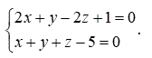 Составить уравнение плоскости, проходящей через точку М<sub>0</sub> (2;-3;5) перпендикулярно прямой <br /> 2x + y - 2z + 1 = 0 <br /> x + y + z - 5 = 0 