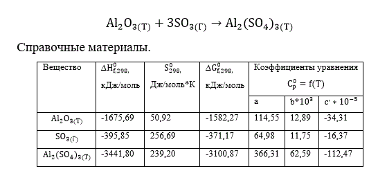 Дано: Al<sub>2</sub>O<sub>3(Т)</sub> + 3SO<sub>3(Г)</sub> → Al<sub>2</sub>(SO4<sub></sub>)<sub>3(Т)</sub> <br /> Определить ∆Н, ∆U, ∆S, ∆F, ∆G реакции при постоянном давлении р = 1,013·10<sup>5</sup> Па и Т = 450 К.