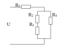 1.	Найти эквивалентные сопротивления цепи, если сопротивления резисторов: Rl = 2 Ом, R2 = Rз = 5 Ом, R4 = 4 Ом. Найти токи в ветвях, если напряжение источника U = 35 В.