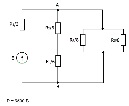 Задача 1. Цепь, состоящая из пяти сопротивлений R1 , R2 , R3 , R4 , R5 , включенных смешанyо, присоединена к источнику электрической энергии с ЭДС E Через сопротивления протекают соответствующие токи I1 , I2 , I3 , I4 , I5 Напряжение на зажимах AB равно UAB . Общая мощность, потребляемая цепью, равна P . Внутренним сопротивлением источника можно пренебречь. Определить эквивалентное, т.е. полное сопротивление цепи Rэкв , определить ток в каждом резисторе и величины, относящиеся к данной цепи, если они не заданы в таблице. Номер рисунка и данные для решения задачи выбираете в табл.1 по своему варианту. Значения сопротивлений в схемах указаны в знаменателе.<br />  Правильность расчетов проверить, составив уравнение баланса мощности электрической цепи. 