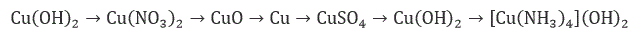 Осуществите превращения  <br /> Cu(OH)<sub>2</sub>→Cu(NO<sub>3</sub>)<sub>2</sub>→CuO→Cu→CuSO<sub>4</sub>→Cu(OH)<sub>2</sub>→[Cu(NH<sub>3</sub>)<sub>4</sub>](OH)<sub>2</sub>