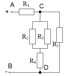 Цепь постоянного тока содержит резисторы, соединенные смешанно. Схема цепи с указанием резисторов приведена на рис.1. Всюду индекс тока или напряжения совпадает с индексом резистора, по которому проходит этот ток или на котором действует это напряжение. Например, через резистор R<sub>3</sub> проходит ток I<sub>3</sub> и на нем действует напряжение U<sub>3</sub>. <br /> Дано:  I<sub>3</sub> = 1,25 А, R1<sub></sub> = 2 Ом, R<sub>2</sub> = 4 Ом, R<sub>3</sub> = 12 Ом, R<sub>4</sub> = 3 Ом, R<sub>5</sub> = 6 Ом. Определить напряжение U<sub>1</sub>, мощность, потребляемую всей цепью, и расход электрической энергии цепью за 8 часов работы.