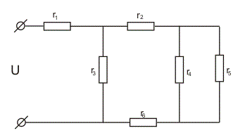 Расчет разветвленной цепи постоянного тока с одним источником энергии <br /> В электрической цепи, изображенной на рисунке, определить токи в ветвях, напряжение на зажимах и составить баланс мощности. Значения сопротивлений резисторов и ток в ветви с сопротивлением r<sub>2</sub>. <br /> I2<sub></sub> = 12 A; r<sub>1</sub> = 8 Ом; r<sub>2</sub> = 7 Ом; r<sub>3</sub> = 9 Ом; r<sub>4</sub> = 7 Ом; r<sub>5</sub> = 6 Ом; r<sub>6</sub> = 15 Ом.