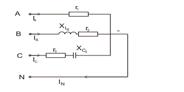 Расчет трехфазной цепи переменного тока  <br /> К трехфазному источнику с симметричной системой фазных напряжений подключены сопротивления, распределение которых по фазам. Значения линейного напряжения Uл, активных r, индуктивных Х<sub>L</sub> и емкостных X<sub>C</sub> сопротивлений приемников. При расчете цепи пренебрегаем сопротивлением линейных и нейтрального проводов. <br /> Требуется: 1) нарисовать схему соединения приемников в звезду с нулевым проводом; 2) определить токи в линейных и нейтральном проводах; 3) определить активную и реактивную мощности, потребляемые цепью; 4) построить векторную диаграмму; 5) включить эти же элементы приемника по схеме треугольника, определить фазные и линейные токи.<br />  Вариант 1 <br /> Uл = 380 В <br /> Фаза А: r<sub>1</sub> = 6 Ом <br /> Фаза В: r<sub>2</sub> = 6 Ом ; x<sub>L2</sub> = 6 Ом <br /> Фаза С: r<sub>3 </sub>= 3 Ом ; x<sub>С3</sub> = 5 Ом