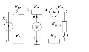 Рассчитать и построить потенциальную диаграмму для электрической цепи постоянного тока (рис. 1.2.4), если эдс источников питания: E<sub>1</sub> = 16 В; E<sub>2</sub> = 14 В; внутренние сопротивления источников питания: R<sub>вт1</sub> = 3 Ом; R<sub>вт2</sub> = 2 Ом; сопротивления резисторов: R<sub>1</sub> = 20 Ом; R<sub>2</sub> = 15 Ом; R<sub>3</sub> = 10 Ом. Определить положение движка потенциометра, в котором вольтметр покажет нуль, составить баланс мощностей для цепи. Как повлияет на вид потенциальной диаграммы выбор другой точки с нулевым потенциалом?